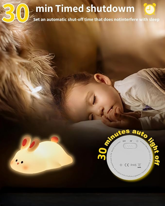 Big Face Rabbit Silicone Night Light, Squishy Bunny Lamp with Touch Control, 30-Min Timer, Rechargeable Kids Night Light for Bedroom Nursery, [Easter Gifts]