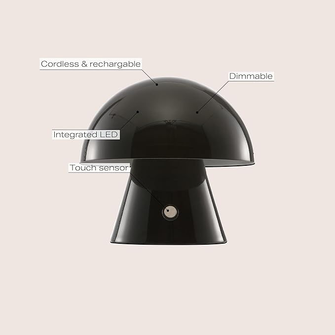JONATHAN Y 7" Black Rechargeable Cordless Mushroom Table Lamp, Portable LED Nightstand Lamp for Bedroom Living Room, Metal Shade, 3-Way Dimmable Touch Sensor Modern Accent JYL7116A
