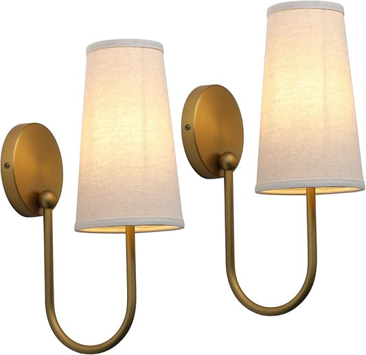 Pathson Set of 2 Linen Fabric Wall Sconces, Hardwired Curved Arm Bathroom Vanity Light with Cone Cloth Shade, Brass Indoor Wall Decor Lamp for Living Room, Kitchen, Bedroom, Foyer