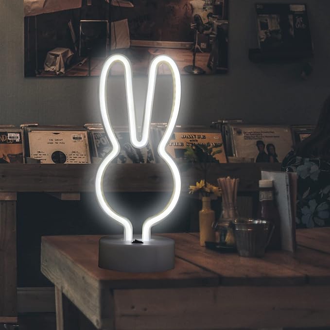 Curyidy Neon Signs Rabbit Spring Lights, East Bunny Marquee Lights with Base Art Decorations Battery/USB Operated Night Lights for Christmas, Halloween, Easter Day Decor (Rabbit-White)