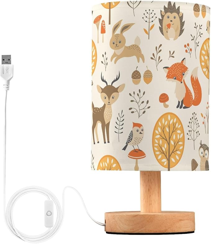 Bedside Table Lamp Woodland Animals Nightstand Lamp with Wood Fox Owl Deer Buuny Trees Leaves Desk Lamps for Bedroom Living Room Nursery Office Home Decor