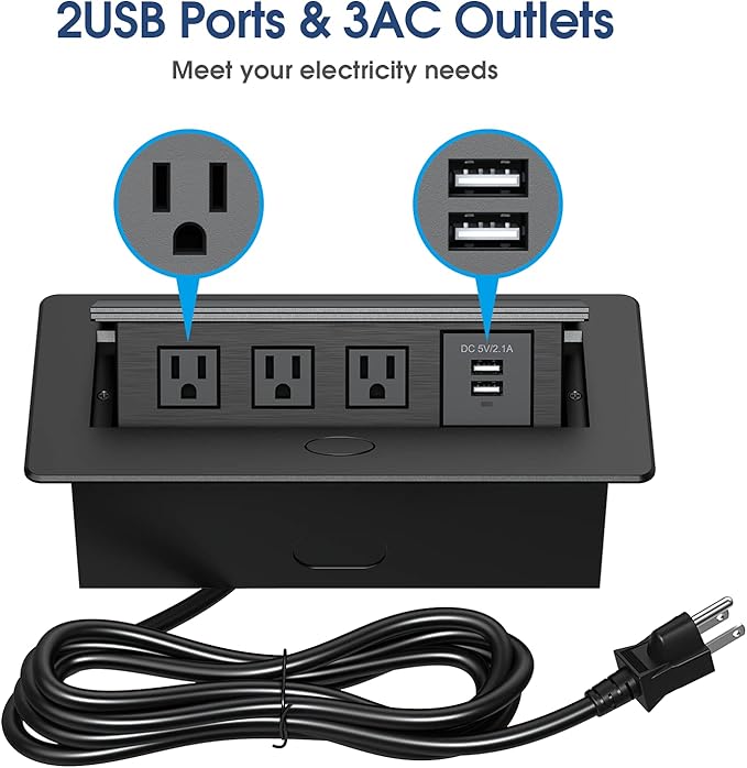 KYHSHJ Connection Box Desktop Pop Up Outlet with 2 USB Ports & 3 Outlets(Black)