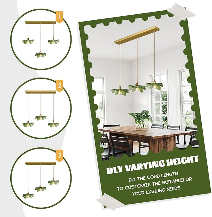 Glass Pendant Lights Kitchen Island Vintage Chandelier Modern Pendant Lighting 3-Light Hand Blown Gold Mid Century Modern Pendant lamp with Green Glass Shade for Dining Room Bedroom