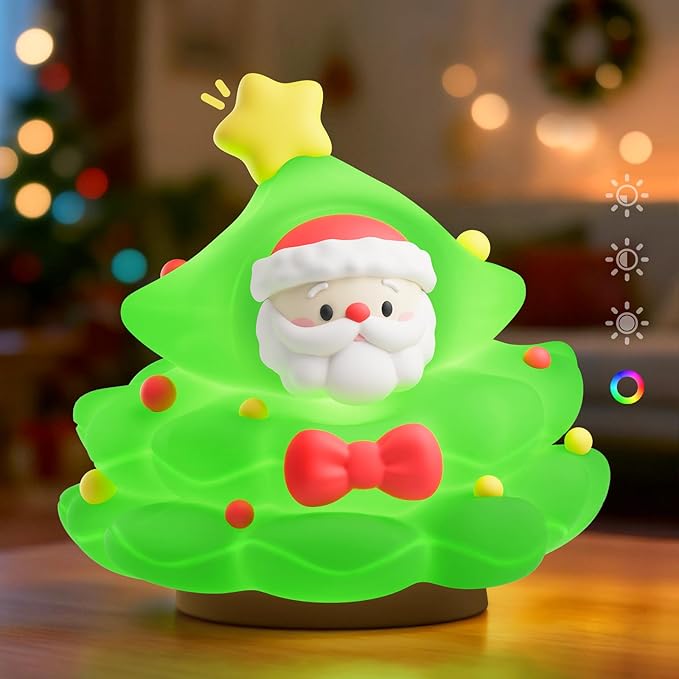 Christmas Tree Night Light, Touch Control LED Lamp, Silicone Green with Yellow Star, USB Rechargeable, 3 Brightness with Auto-Off Feature, Indoor Bedroom Decor