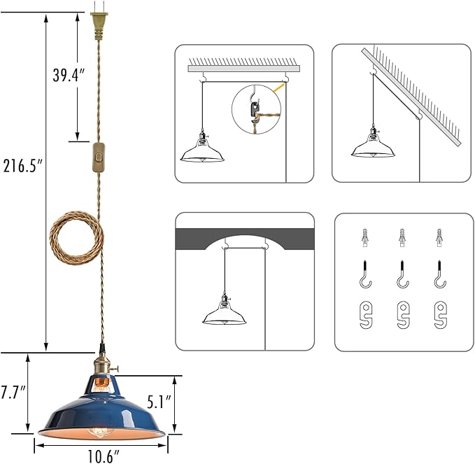YUBOLE Farmhouse Plug-in Pendant Light-Dark Blue Barn Hanging Light Adjutable Hanging Cord with On-Off Switch Swag Lamp Renter Fridenly for Kitchen Bar Cafe Bedroom Loft