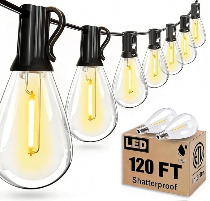 120FT Outdoor String Lights, Ultra Long Waterproof 30+2 Shatterproof Bulbs Led Outside Patio Lights for Porch Deck Garden Backyard Balcony Wedding Party Decor