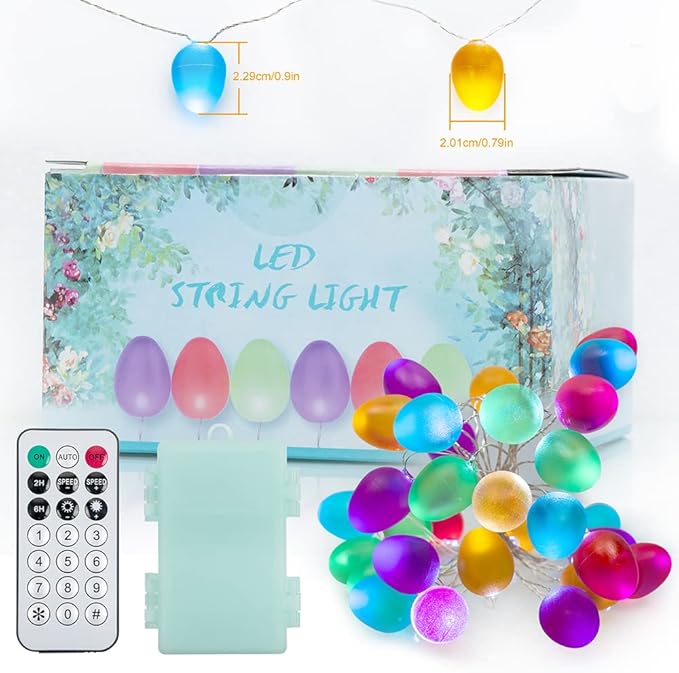 BOHON Easter Decorations Easter Egg Ornaments 10ft 30 LEDs Fairy Lights Battery Operated with Remote Multi Color String Lights for Outdoor Bedroom Party Holiday Home Spring Themed Tree Eggs Decor