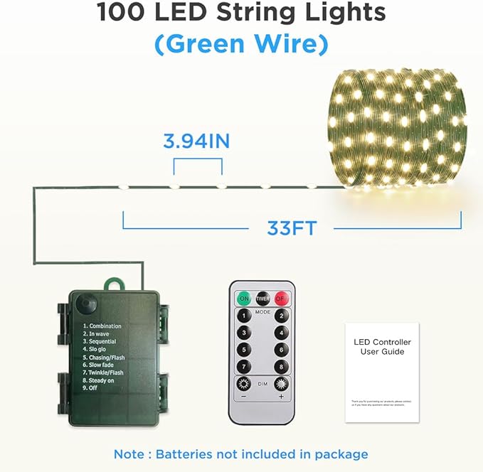 33ft Battery Operated String Lights (2 Pack), 100 LED Fairy String Lights Battery Powered w/Remote & Timer for Indoor Outdoor Christmas Trees Wreath Decoration Bedroom Patio - Warm White