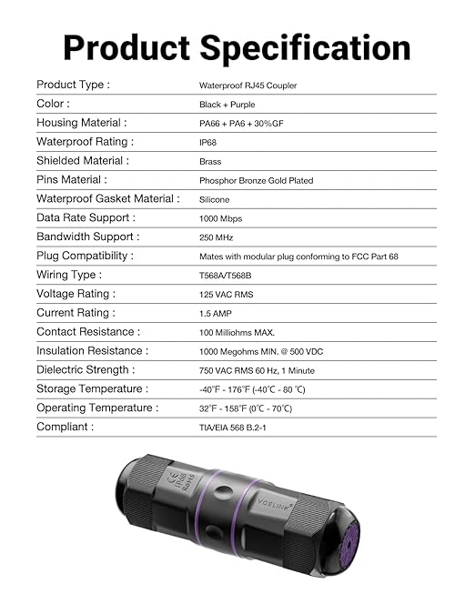 VCELINK Waterproof RJ45 Coupler IP68 Short Profile, Cat6/Cat5E/Cat5 Waterproof Ethernet Connector Shielded, Outdoor Network LAN Cable Extender PoE, 3.23in (Purple-3 Pack)