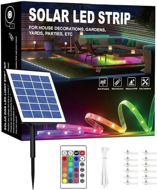 Upgraded Outdoor Led Strip Lights Waterproof, 50ft RGB Solar Led Strip Lights Outdoor with Self-Adhesive, Auto On/Off 16 Colors and 4 Modes with Remote Timer Great for Patio, Pathway Decor