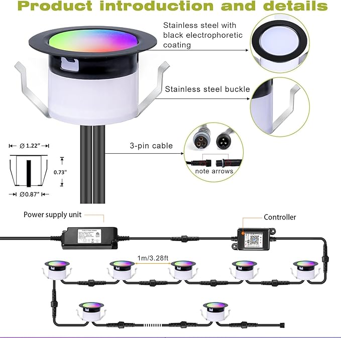 Sumaote LED Deck Lights Kit, 30Pack 1.22" WiFi RGBW+IC Multicolor Dynamic Recessed Low Voltage Deck Lighting Work with Alexa/Google Home, IP67 Waterproof 12V Step Lights Outdoor for Garden Yard Stair
