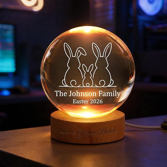 Personalized Easter Family Bunny Crystal Ball LED Night Light, Custom Family Name Glass Globe Lamp with Year, Engraved Rabbit Silhouette Keepsake Gift for Spring Home Decor