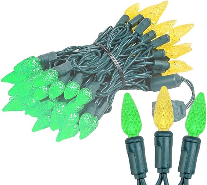 Novelty Lights 24FT 70 LED C6 Christmas String Lights, Outdoor Tree Commercial Grade LED Lights, Permanent Decorations (Green/Yellow)