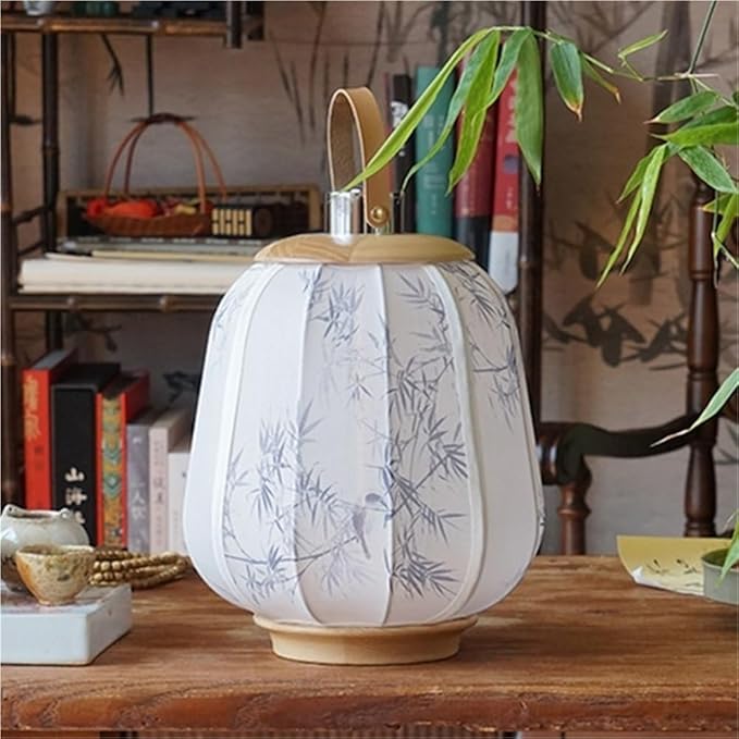 Simple Rechargeable Lantern Table Lamp with Touch Switch, Retro Chinese Small Night Light with Portable Handle, Elegant Decorative Fabric Nightstand Lamp for Bedroom Living Room(White)