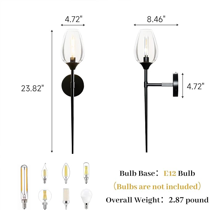 Black Glass Wall Sconce Light: Modern Decorative Sconces Lights Over Mirror - Vintage Brushed Brass Bathroom Vanity Lighting with Flower Shade - Indoor Glass Wall Mount Lamp for Bedroom Living Room