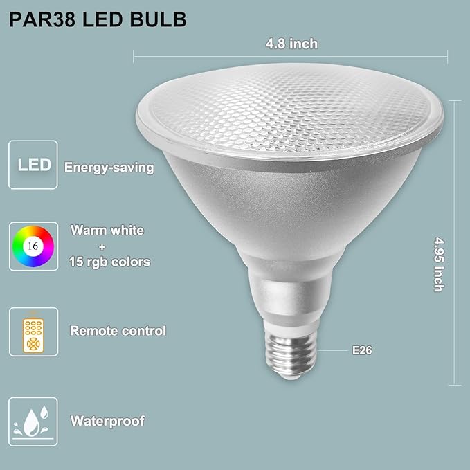 Par38 Color Changing Flood Light Bulbs, Outdoor/Indoor Dimmable E26 30W LED Remote Control Bulb for Valentine's Day Home Party Decoration(RGB+Warm White)