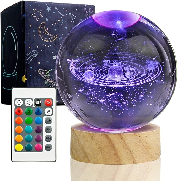 3D Solar System Crystal Ball Night Light with 16 Color LED Wooden Base, Upgraded 3.15 Inch Galaxy Planets Glass Ball Lamps with Remote for Birthday Christmas, Astronomy Space Gifts for Boys Girls