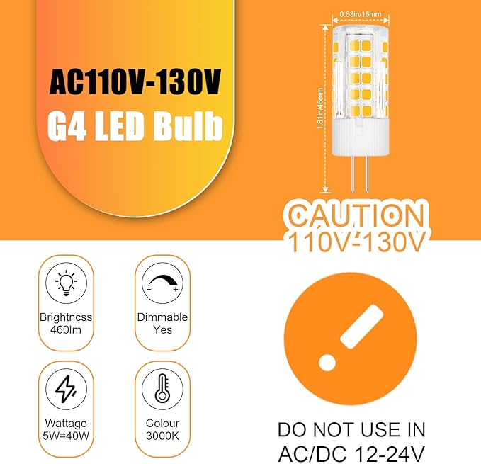 G4 120V LED Bulb Dimmable, G4 Bi-Pin Base Light Bulbs 120V 5W Warm White 3000k Equivalent to 40W Halogen for Under-Cabinet Ceiling Table Puck Lights, 10 Pack