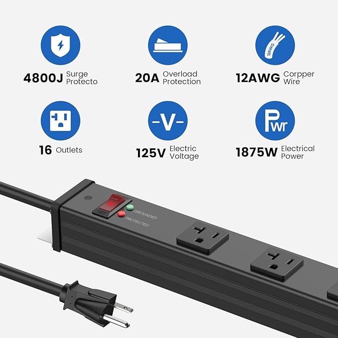 JUNNUJ Long 16 Outlet Power Strip Surge Protection 4800J, Wide Spaced Industrial Heavy Duty Outlets with 20Amp Switch, High Amp Extension Cord 6-20R T-Slot 4FT Black