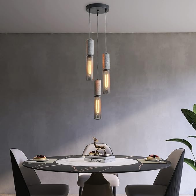 3-Light Concrete Linear Pendant Light with a Metal Mesh Shade,Modern Industrial Hanging Cement Pendant Lighting for Kitchen Island Bedroom Living Room Dining Room Light Fixture