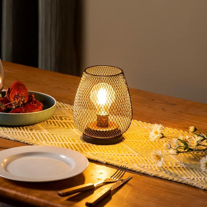 DECORKEY Set of 2 Rechargeable Lamp LED Table Lantern, Brown Metal Cage Cordless Lamps with LED Bulb，Vintage Decorative Outdoor Lantern for Weddings, Parties, Patio, Events for Indoors Shelf Decor