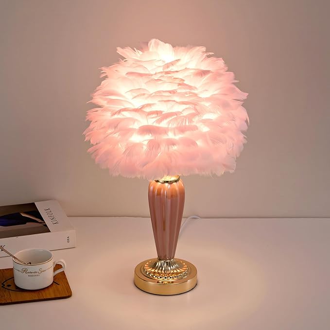 Pink Feather Lamp Creative Bedside Lamp Feather Table Lamp Cute Furry Goose Nightstand Light for Girl Bedroom Wedding Decor Living Room Hotel Office Valentines Dating Gift