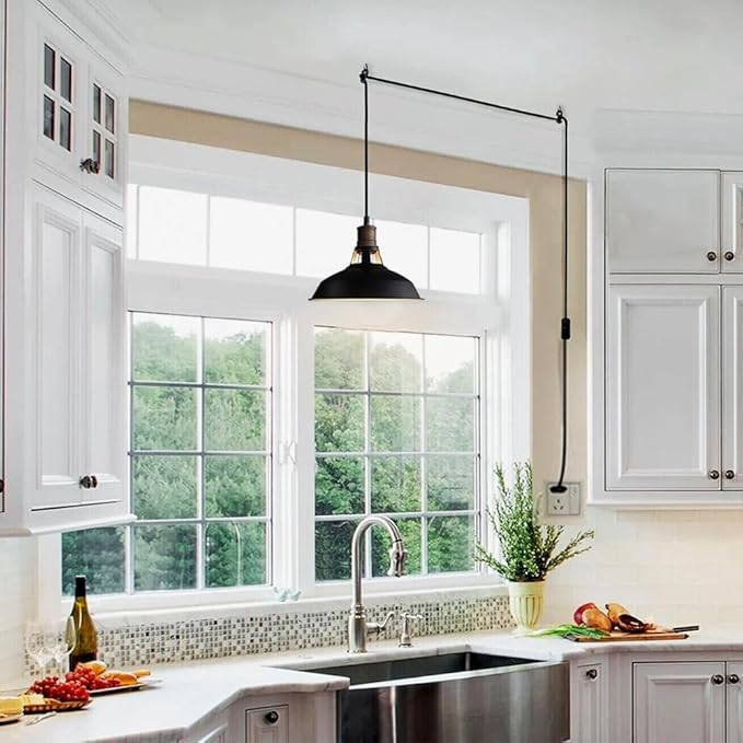 CLAXY Plug in Pendant Lights Adjustable Hanging Pendant Light Fixture with Black Barn Shade On/Off Switch Swag Pendant Lamp Set of 2