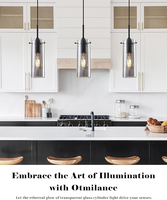Smoke Gray Glass Pendant Lights Kitchen Island 3 Packs, Kitchen Pendant Lighting Over Island, Modern Hanging Pendant Light, Light Pendants for Kitchen Island, Living Room, Bathroom, Bedroom