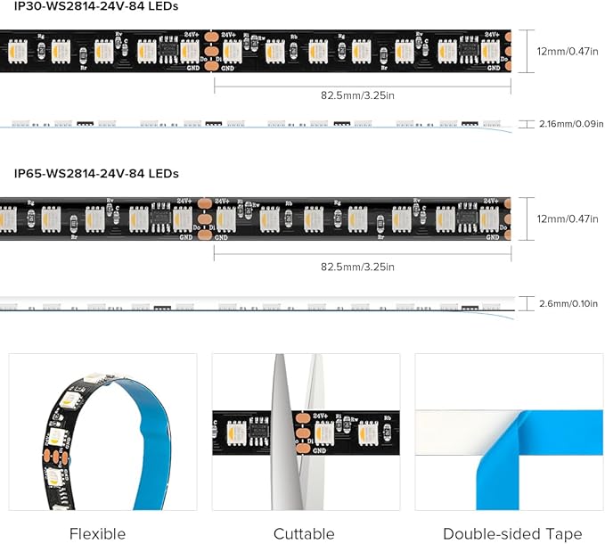 BTF-LIGHTING WS2814 IC RGBW RGB+Warm White(Similar WS2812B) Addressable DC24V 16.4FT 84LED/m 14pixel/m 4 Colors in 1 Dream Color LED Strip 12mm Width PCB IP30 for Home Decor(No Adapter or Controller)