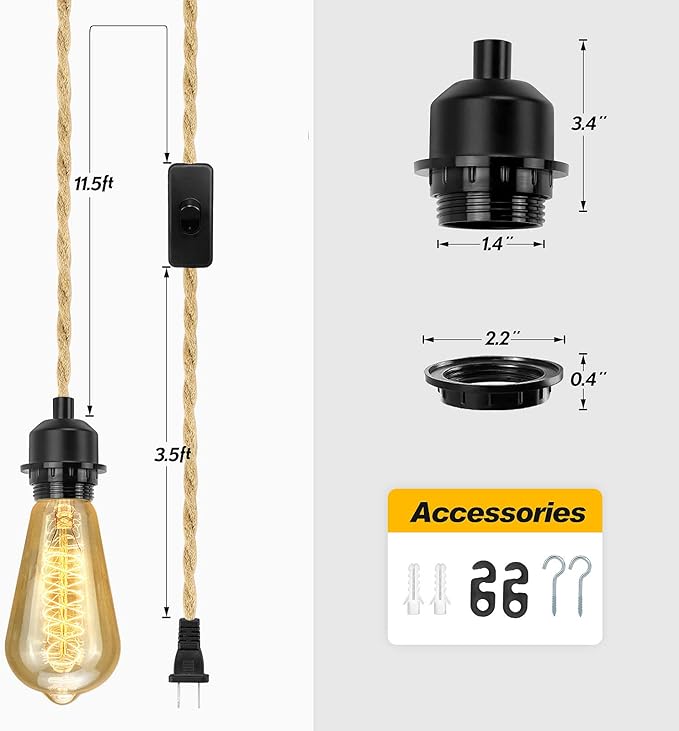 Plug in Pendant Light Cord, Farmhouse Hanging Lights with Plug in Cord, 15FT Hemp Rope Plugin Hanging Light Cord Kit with On/Off Switch, E26 E27 Light SocketCord, Bulb NOT Included