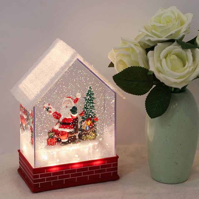 Eldnacele Musical Snow Globe House with Timer, Lighted USB/Battery Operated Swirling Singing Water Glittering Lantern, Christmas Snow Globes House Holiday Festival Decoration- Santa Claus