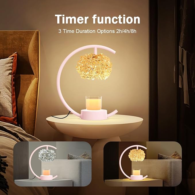 Pink Candle Warmer Lamp for Jar Candles with Adjustable Brightness＆Timer，Handcrafted Crystal＆Wooden Base,Candle Lamp Luxurious Design+2Bulbs,Home Decoration Electric Candle lamp(C-Shaped)