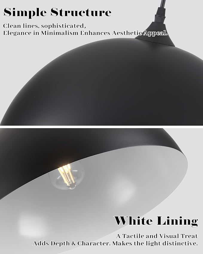 Large Pendant Lights Kitchen Island, 16 Inch Black and White Dome Pendant Light, Black Farmhouse Pendant Light, Large Industrial Pendant Lights for Kitchen Island, Dining Room, Cafe, 2 Pack