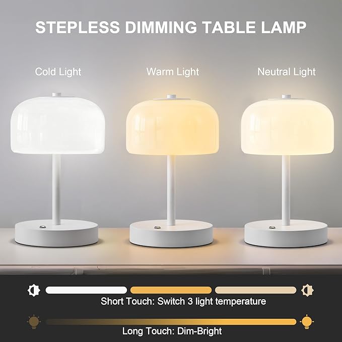 Oneach 9" Cordless LED Mushroom Table Lamp Touch 3 Way Dimmable Bedside Small Lamp Battery Operated Rechargeable Modern Nightstand Desk Lamp for Bedroom Living Room Restaurant White(2 Pack)