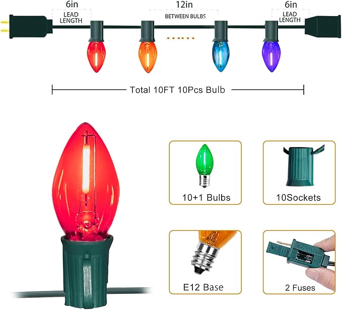 10FT C7 Christmas Lights, Multicolor LED Indoor String Lights with 10 Vintage Bulbs, for Xmas Tree, Window, Party Backdrop, Plug in with Green Wire