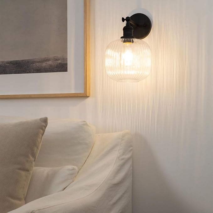 Pathson Modern Wall Sconce Lamp Clear Striped Round Glass, Hardwired Vintage Wall Vanity Light Fixture for Farmhouse Living Room Bedroom Bathroom Loft