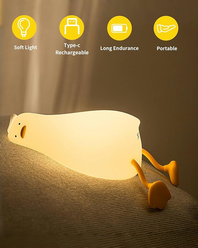 Lying Flat Duck Night Light, Squishy Duck Lamp with Tap Control, 30-Min Auto-Off Timer, Rechargeable Silicone Bedside Lamp for Kids Adults, [Easter Gifts]