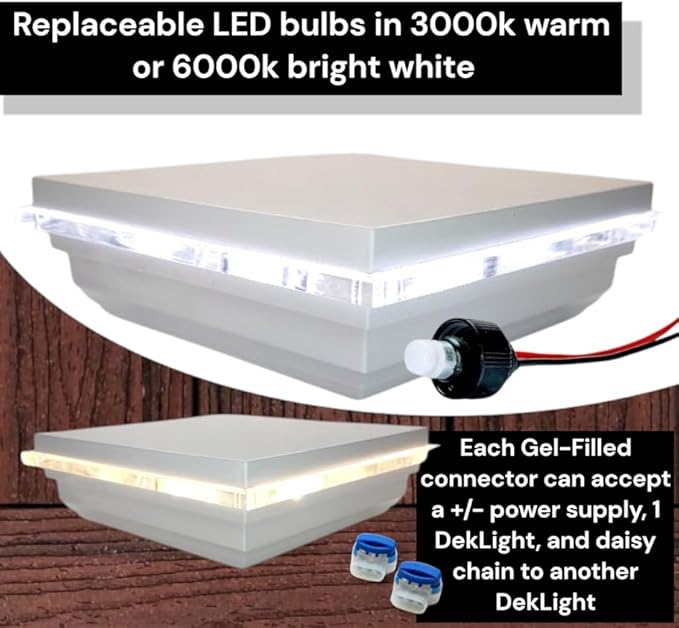 DekLights® Pro Line LED Lighted Post Cap for 4x4 Deck/Fence Posts. Wired 12volt Low Voltage with Replaceable Light Bulb. for Vinyl or Composite railings. Made in USA (White Glass Edge Upgrade 3000k)