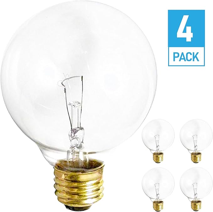 (4 Pack) G25 Globe Light Bulbs – 25W Incandescent, 2700K Soft White, E26 Base, Dimmable – Crystal Clear Vanity Bulbs for Bathroom, Mirror, Pendant Fixtures
