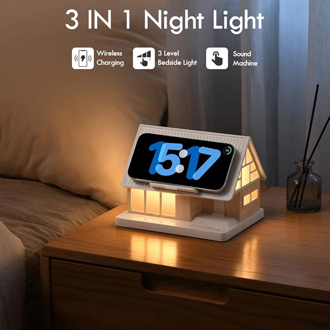 Night Light,House-Shaped Nightstand Light with 15W Wireless Charger and White Noise Machine,Touch Control 3-Level Dimmable Lamp with Timer, Sleep Aid Bedside Light for Bedroom Décor & Gift