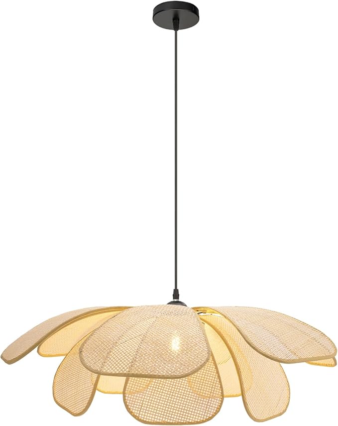 Rattan Pendant Light Boho Chandelier Flower Light Hand-Woven Rattan Hanging Lamp Wicker Chandelier Basket Hanging Light Fixture for Dining Living Room Island Kitchen Bedroom