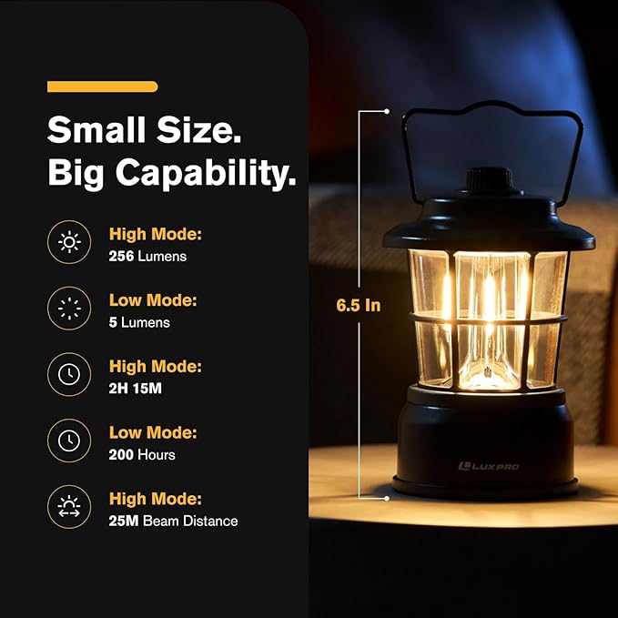 LUXPRO Retro LED Lantern - Battery-Powered Emergency Lantern - Water Resistant - Bright LED Lamp for Indoor & Outdoor Use - Use for Tents, Hiking or Hurricane Prep (Black, Pack of 1)