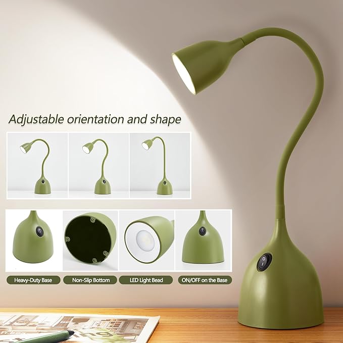 Gooseneck Desk Lamp 360° LED Flexible Reading Light Small Desk Lamps for Small Spaces Home Office Bedroom College Dorm Desk Bookshelf Nightstand Table Lamp (Green)