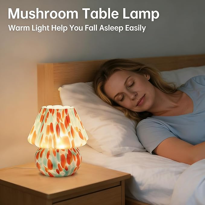 Creative Table lamp, Cute Mushroom Shape, Glass, Medieval Style, Three Lighting Modes, Suitable for bedrooms, Kitchens, Dining Rooms, Living Rooms, and Bookshelf Decoration (Style B)