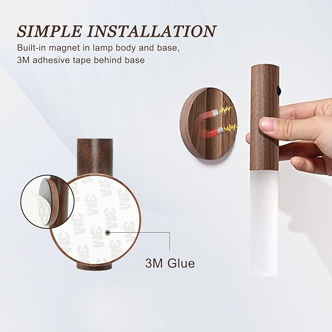 Motion Sensor Night Light, Motion Activated Night Light,Wall Lights Battery Operated,Rechargeable Wall Lights,Suitable for Kids Bathroom，Corridors, Closet ，Stairs, Bedrooms (Walnut Wood 1PC)