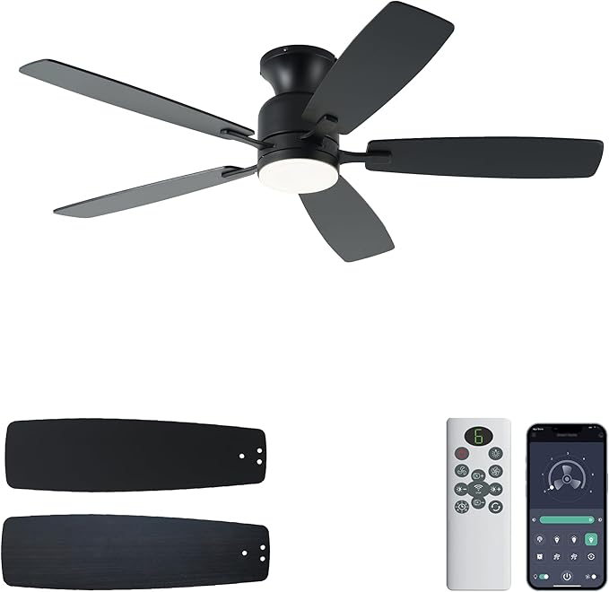 KNUN Ceiling Fans with Lights,52 Inch Flush Mount Ceiling Fan with Light and Remote/APP Control,3CCT Dimmable, DC Motor, Low Profile Ceiling Fan for Living Room, Bedroom, Indoor/Outdoor Use(Black)