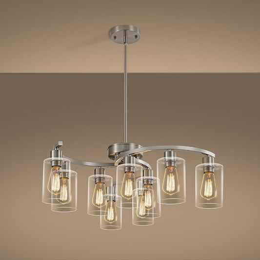 9-Light Brushed Nickel Glass Chandelier, Adjustable Height Hanging Industrial Dining Room Chandelier Over Table, Modern Farmhouse Chandelier for Kitchen Island Living Room Entryway Bedroom