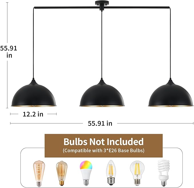 Pendant Lights Kitchen Island, 3-Pack Dome Pendant Light Fixtures with Black and Gold Finish Farmhouse Industrial Hanging Pendant Light for Dining Room Restaurant Cafe Entryway