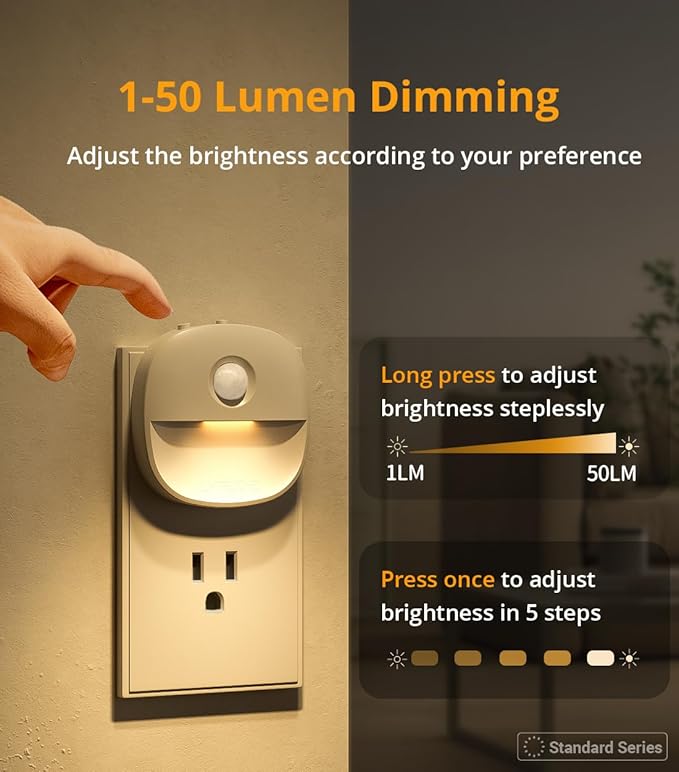 Lyridz Plug in Night Light with Motion Sensor and Dusk to Dawn Sensor, Dimmable Warm Nightlight with 1-50lm Adjustable Brightness Indoor for Bedroom, Bathroom, Stairs, Hallway, 2 Pack