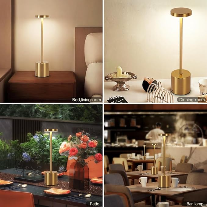 2 Pack LED Rechargeable Cordless Table Lamps,Portable Outdoor 5000 mAh Battery Operated Table Light Touch Control 3 Color Dimmable Touch Lamp for Patio/Cofee/Restaurant/Camping/Dining/Bedroom-Gold